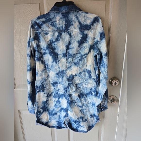Mebon Machine Chambray Romper Jumpsuit Women L Blue Denim LongSleeve Tye Dye - Picture 15 of 16